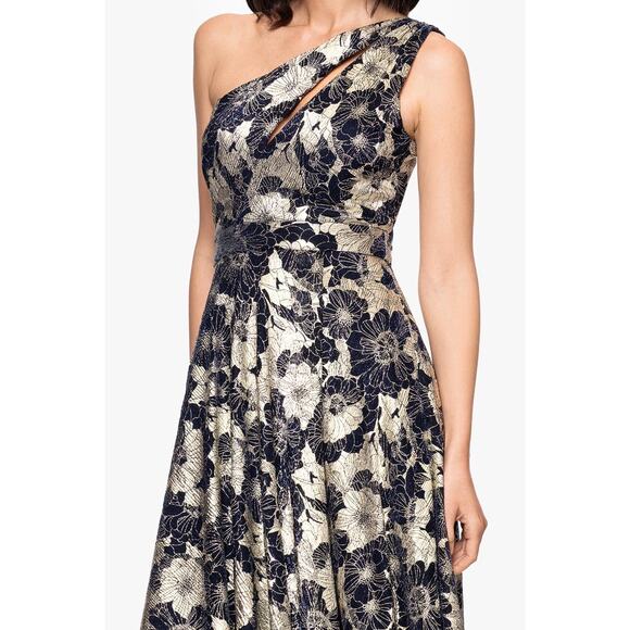 Betsy & Adam Metallic Floral One Shoulder Gown Size 14 Navy Gold A-Line Formal - Picture 3 of 16